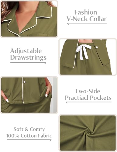 Image of COLORFULLEAF Women's 100% Cotton Pajamas Set Button Down Sleepwear Short Sleeve Shirt and Long Pants Soft Ladies Lounge Sets