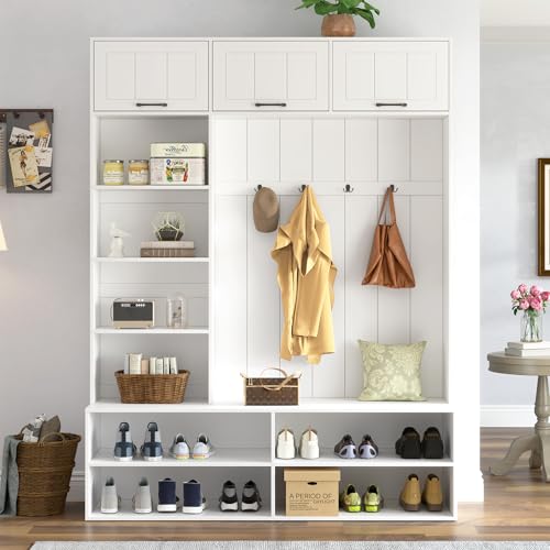 Image of 5-in-1 Hall Tree with Bench, Entryway Storage Organizer Cabinet, White