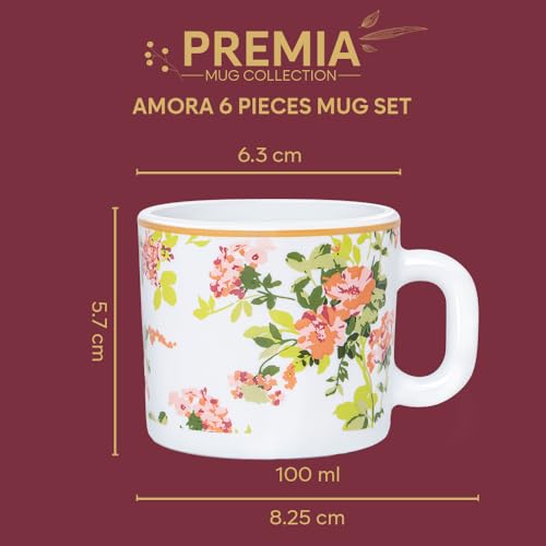 Image of Larah by BOROSIL 100ml x 6pc Opalware Amora Tea /Coffee Mug Set, Microwave & Dishwasher Safe Embossed Design Crockery Set Ideal for Daily Use & Gifting
