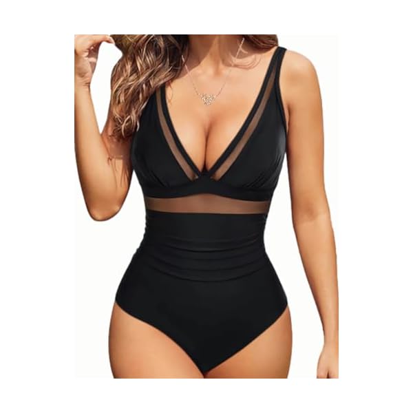 Maillot de Bain Femme 1 Pieces Gainant Contrôle Ventre Plat Maillots de Bain Une Pièce Col V Push Up Rembourré Swimsuit Beachwear
