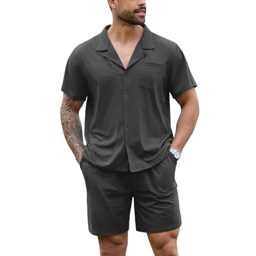 Marvmys Men Pajama Set Cotton Sleepwear Short Sleeve Button Down Pajamas Loungewear 2 Piece Pj Set with Pockets S-2XL Medium Dark Grey