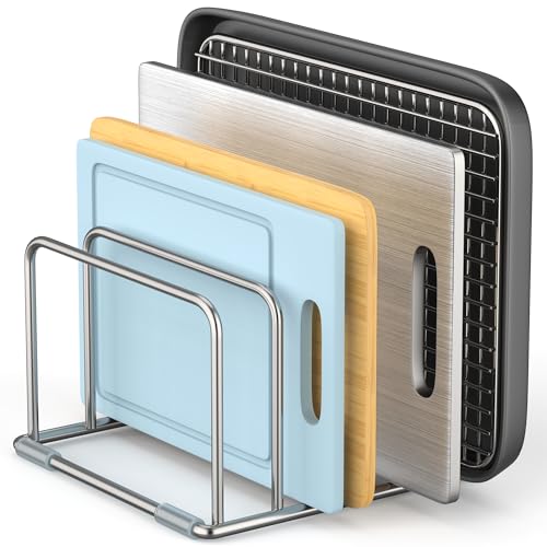 LAEMYFYRE Cutting Board Holder Stand, Chopping Board Organizer Rack with 304 Stainless Steel, Cookie Sheet Storage Organizer, 1.0 & 1.2 Inch Wide Slots (1 Pack)