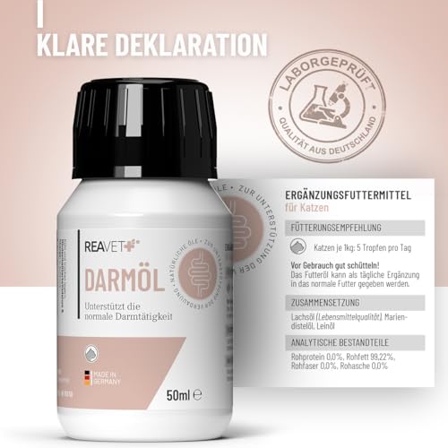 ReaVET Darmöl für Katzen 50ml I Verdauung, Darmflora I Sekundierend bei Verstopfung und Verdauungsproblemen, kein Remedium und Laxans