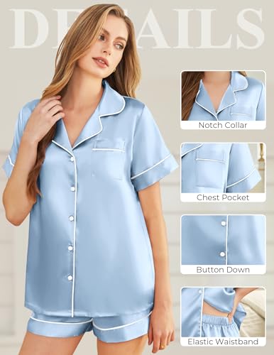 Image of Silk Pajamas for Women Short Sleeve Sleepwear Soft Button Down Loungewear 2 Piece Satin Pjs Shorts Set S-XXL
