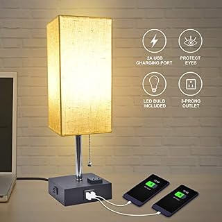 USB Bedside Table Lamp, Golspark Minimalist Nightstand Lamp with Charging Ports, Lamps