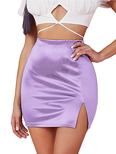Lyaner Women's Satin Silky Elastic Wasit Split Slit Hem Bodycon Short Skirt Purple Small #TOP3