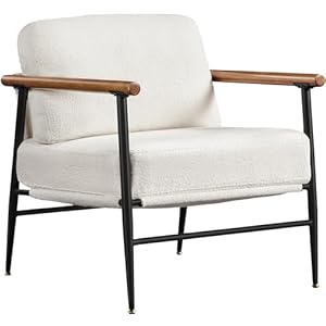 Yaheetech 1 x gestoffeerde stoel met armleuningen van hout, moderne loungestoel met metalen frame, stijlvolle televisiestoel van bouclé-weefsel voor woonkamer, slaapkamer, ivoorkleurig