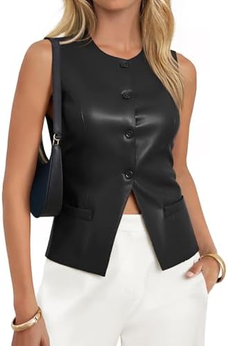 Tankaneo Womens Faux Leather Vest Tops Business Casual Button Down PU Suit Blazer Sleeveless Fitted Waistcoat