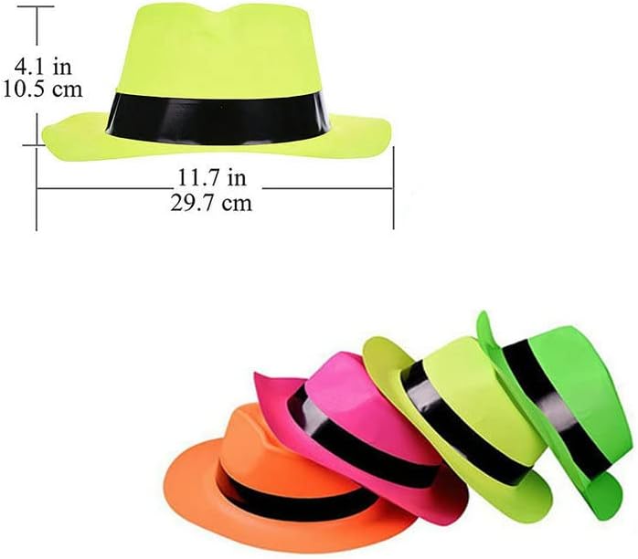 Neon Party Hats 12 x Neon Gangster / Cowboy Hats Plastic Fun Party Fedora UV Blacklight Glow - for Kids and Adults Great For Christmas, Photo Booth Props, wedding and hen/stag Partys (Pack of 12)