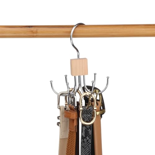 LMSAWK Rotazione a 360 Gradi Appendiabiti per Cravatte, Portacinture in Legno, Appendiabiti Per Cravatta, Per Calzini, Cintura, Guanti, 6 Ganci, Colore del Legno