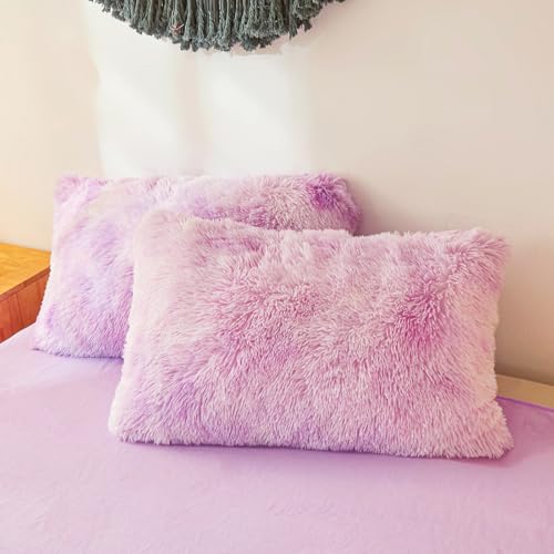 Shaggy Fluffy Tie Dye Lilac Comforter Cover Twin Set – Faux Fur Shaggy Tie Dye Lilac Bedding 2-Piece Set (1 Plush Duvet Cover + 1 Furry Pillow Sham) Cozy Bed Set