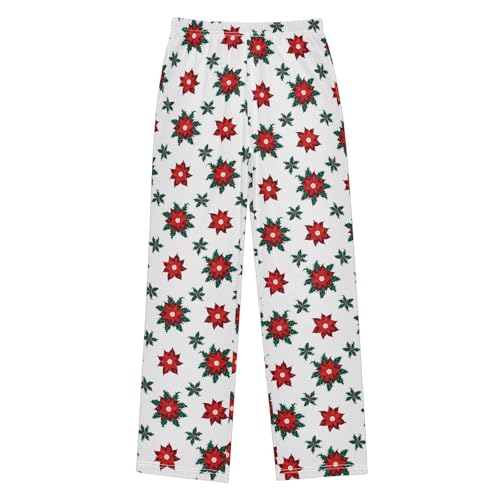 CaTaKu Boys Buffalo Poinsettia Christmas Pants for Boys Girls Wide Leg Sweatpants Kids Long Bottoms with Pockets Size 6-14Y