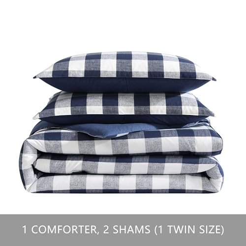 Image of Eddie Bauer - Twin Comforter Set, Reversible Bedding with Matching Sham, Medium-Weight for Year Round Use, Dorm Essentials (Lakehouse Blue)