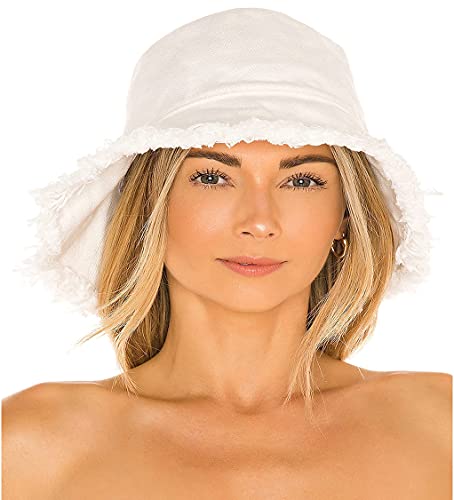 Frayed-Edge-Bucket-Hat-Summer Distressed-Beach-Sun-Hat-For-Women Men Teens Girls- Floppy Wide-Brim Fisherman Cap(Size: 7 1/8) White #TOP3