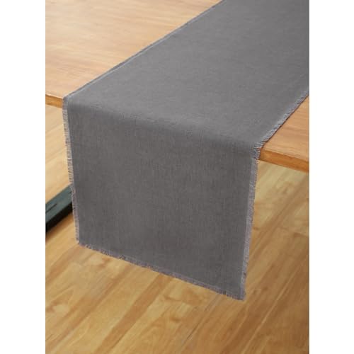 Solino Home Linen Charcoal Table Runner 120 Inches Long - Fringe, 100% Pure Linen 14 x 120 Inch Table Runner - Handcrafted and Machine Washable