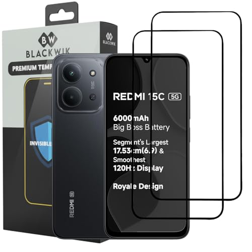 Image of Blackwik Premium Tempered Glass Screen Protector for Redmi 15C with Edge-To-Edge Protector Coverage | Easy Installation Kit (Black) (Pack Of 2)