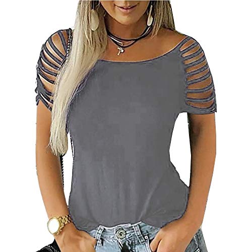 Cicy Bell Women's Cold Shoulder Tops Summer Short Sleeve Hollow Out Casual Blouse Shirts (Grey,XXXX-L)
