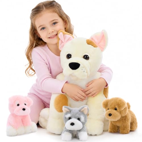 MorisMos Bulldog Stuffed Animal, 14 Inch Mom Dog Plush with 3 Puppies