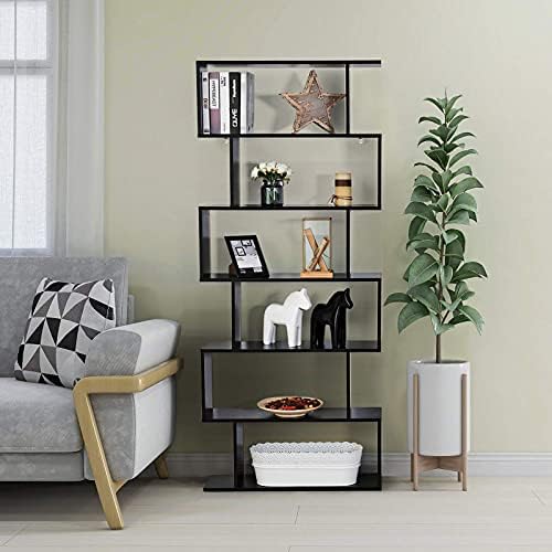 Multigot 5/6-Tier Wooden Bookcase, S-Shaped Decorative Bookshelf Organizer, Freestanding Shelving Storage Display Unit for Living Room, Study and Office (Black, 80 x 23 x 192cm)