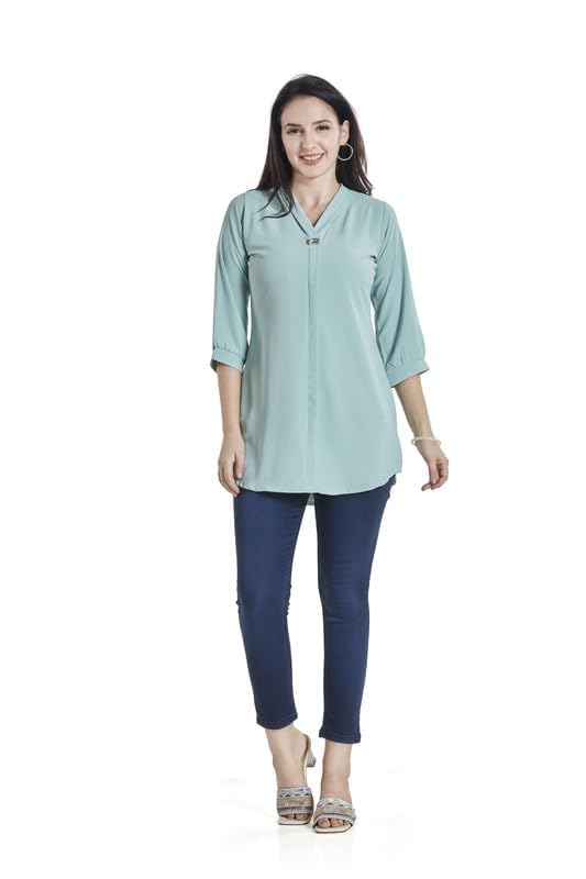 Image of nioni Women's Purple Poly Linen Blend Tunic Top with 3 /4 Sleeves, Printed Yoke, Kantha Stitch Detailing & Mandarin Collar