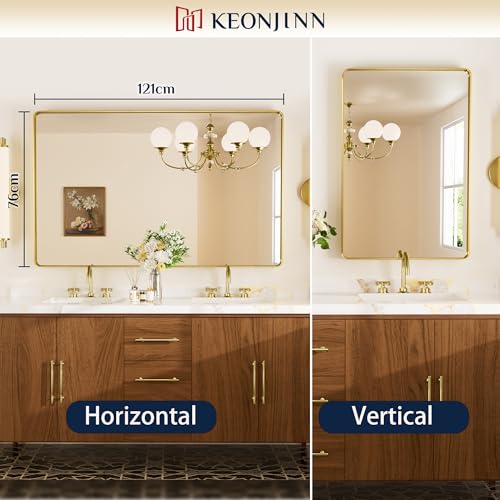 Keonjinn Spiegel Gold 120x75cm, Badspiegel mit Metallrahmen, Gehärtetes Glas Rechteckiger Bad Wand Spiegel Flur für Badezimmer, Wohnzimmer… – Ansicht 2