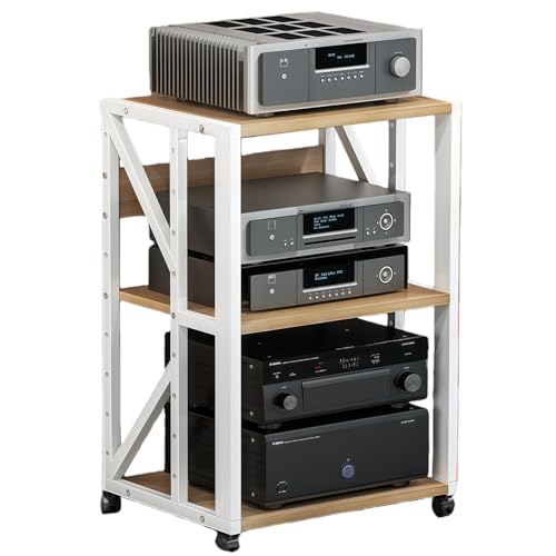 Quxxuol メディアラック オーディオラック スピーカー台 レコード棚 アンプスタンド 収納棚 3/4段大容量 高さ調節可能 キャスター付き 移動が簡単 簡単な組み立て 耐久性のある 多機能 家庭用 (ホワイト,3層-C)