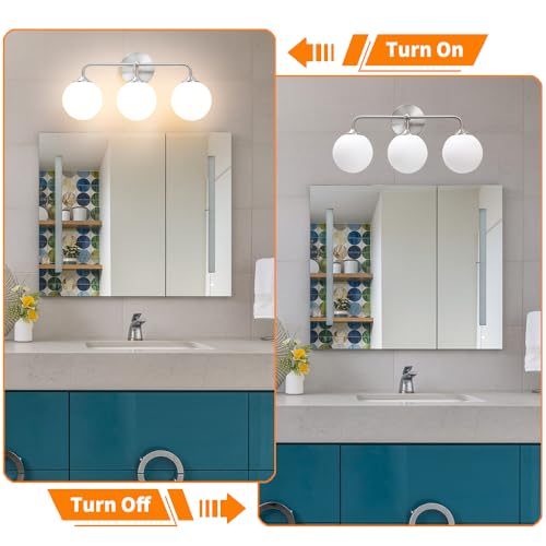 Image of Elagant Modern Brushed Nickel Bathroom Vanity Lights, 3-Lights Bathroom Light Fixtures with Milky White Globe Glass Shade, Bathroom Wall Sconces Light over Mirror Dressing Table Bedroom Living Room