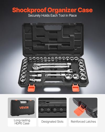 Image of VEVOR Socket Set, 33 Pieces, 1 /2 inch Drive Socket and Ratchet Set, SAE and Metric, Mechanic Tool Kit with Ratchet Wrench, Extension Bar and Storage Case, CR-V Alloy Steel, for Automotive Repair