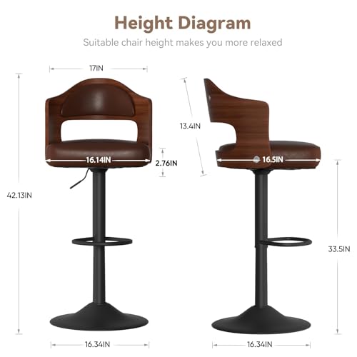 2PCS Bar Stools, Wooden Upholstered PU Leather Barstools, with Back and Footrest, Seat Adjustable Height 24.5-33.5IN, Counter Height Bar Chairs for Kitchen Island (Brown)