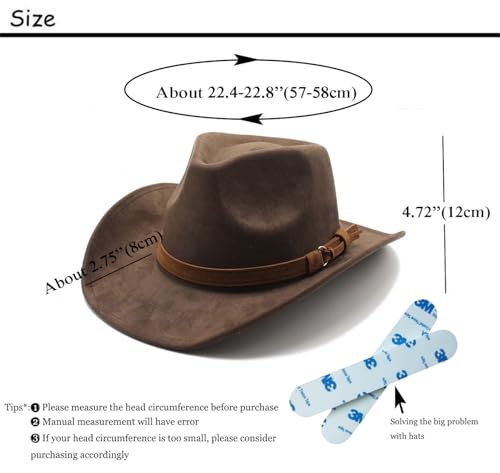 Image of Unisex Western Suede Cowboy Cowgirl Hat Classic Wide Brim Fedora Hat for Men &Women