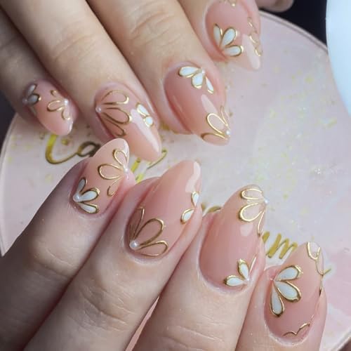 Almond Press on Nails Medium Fake Nails Press ons with Designs Flower Petals False Nails Full Cover Acrylic Nail Tips Press on Nail Reusable French Nails Stick on Nails for Women Manicure Decor 24Pcs