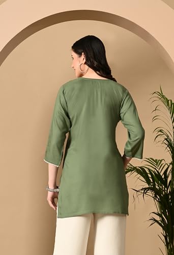 Image of LIBOZA Kurti for Women - Short Chikankari Kurtis for Girls, Lakhnawi Tunic Top Kurta Design for Ladies, Woman Ethnic Kurthis & Shirt with Sleeve