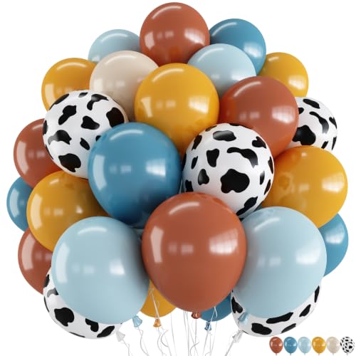 Image of Cow Print Balloons, 12 Inch Cowboy Dusty Slate Blue Brown Yellow Sand White Latex Party Balloon Western Balloons for Kids Boys First Rodeo Baby Shower Farm Country Wild West Birthday Party Decorations