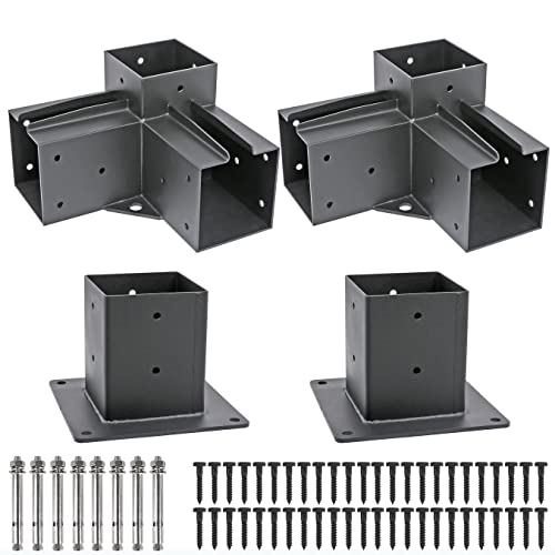 Deck Man 4X4(Actual Size: 3.5X3.5Inch) Stainless Steel 3-Way Right Corner Bracket With Flange Anchors，Pergola/Gazebo Kit (2 Pack) #TOP6