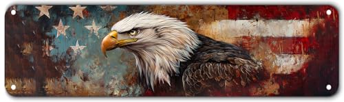 Vintage Eagle & Flag Metal Wall Art Sign - Patriotic Americana Decor - Rustic American Bald Eagle on Weathered Flag Background - 4x16 Inch Aluminum Tin Sign for Man Cave, Military, Outdoor