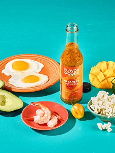 Flavor Goods, Pineapple Habanero Hot Sauce. Mild Heat. Spicy With A Hint Of Sweet. Gluten-Free & Vegan. Real Food Ingredients. 8Oz Glass Bottle. The Good On Everything, Gourmet Hot Sauce. #TOP4