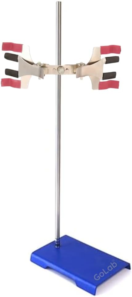 GOLAB Laboratory Burette Stand with Dual Clamp – Sturdy Cast Iron Base with Metal Rod & Double Burette Holder – Chemistry Lab Stand Kit for Titration & Glassware Support