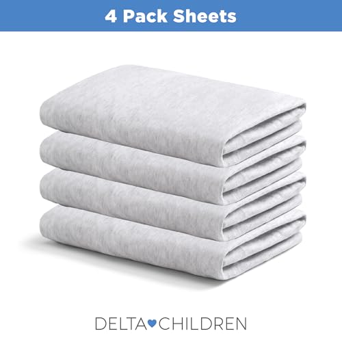 Image of Delta Children 3-Inch Mini Crib Sheet Set, 4 Pack, Soft and Breathable 100% Jersey Knit Fitted Sheet Set, Crib Sheets for Baby Boys and Girls, Grey