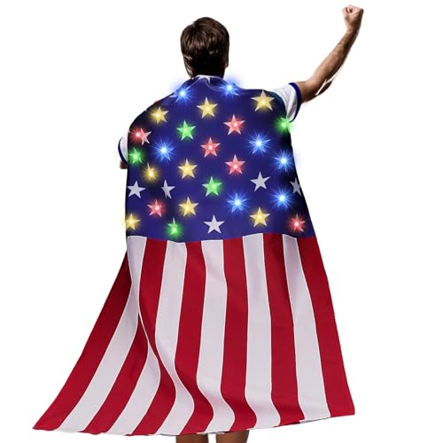 JaGely Light up American Flag Cape for Men Adult USA 4th of July 250 Anniversary Costume Independence Day Party(No Battery)