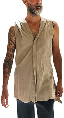 Men's Hoodie Tank Tops Summer Baggy Cotton Linen Solid Button Up Beach Sleeveless Hooded Shirt Cut Off Workout Vest(Beige,XX-Large)