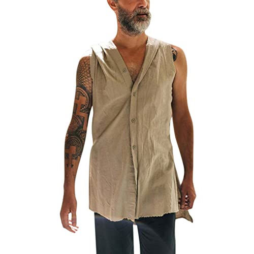 Men's Hoodie Tank Tops Summer Baggy Cotton Linen Solid Button Up Beach Sleeveless Hooded Shirt Cut Off Workout Vest(Beige,Xx-Large) #TOP25