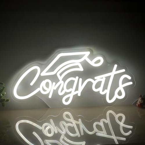 Image of Congrats Grad Neon Sign for Backdrop wall decor,Dimmable USB Powered Light Up Letters for Dorm Walls,White Grad Gifts Sign for Graduation ClassRoom Party bedroom size:16.14 * 7.6 inch