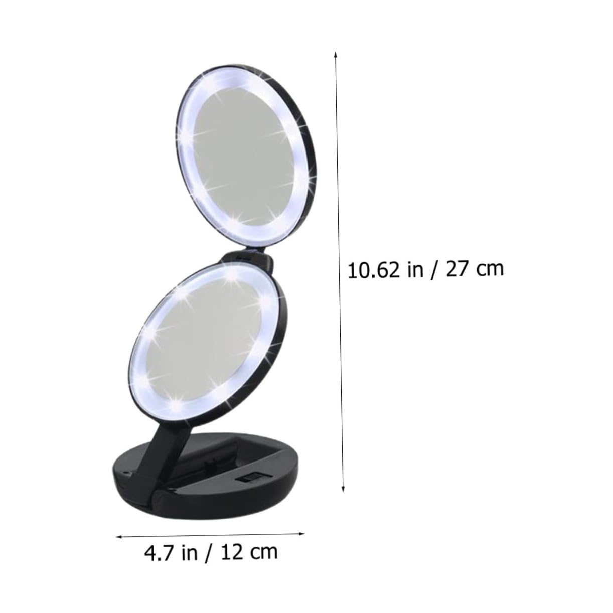 Healeved Espejo Compacto Plegable de Doble Cara Aumento Negro | Abs y Vidrio, Diseño Led, Formato Mini para Bolso y Cartera, Pilas Aaa No Incluidas