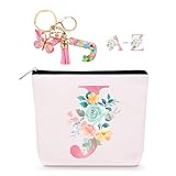 Lingdeer Personalized Makeup Bag with Initial Keychain, Custom Initial Monogram Small Travel Cosmetic Toiletry Bag, Birthday Gifts for Women Bridesmaid Teacher (J)