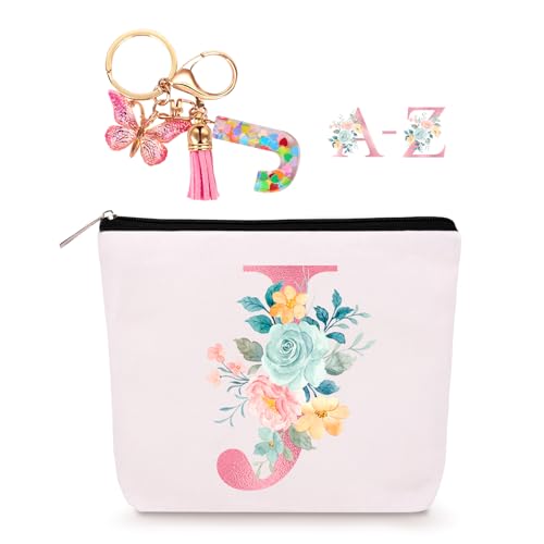 Lingdeer Personalized Makeup Bag with Initial Keychain, Custom Initial Monogram Small Travel Cosmetic Toiletry Bag, Birthday Gifts for Women Bridesmaid Teacher (J)