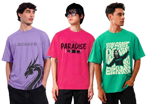 Image of LEOTUDE Men's Oversized Drop Shoulder Cool and Stylish Half Sleeve Round Neck Baggy Fit Graphic Printed Design Combo T-Shirt for Man's (Color Purple)