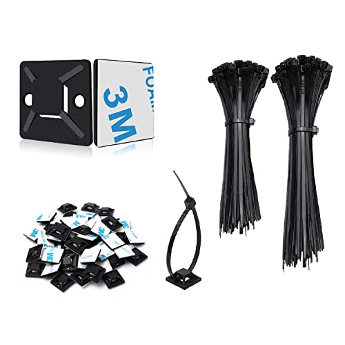 SZXULI 200 Stück Kabelbinder Schwarz Set 120mm/150mm und 100 Stück Starken Selbstklebend Basishalter Nylon Kunststoff Kabel Binder UV-beständiges für Heim Büro Industriell