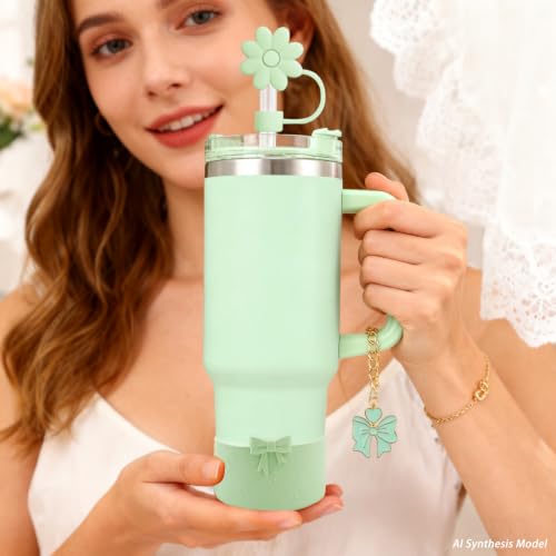 Hpebl 7Pcs Light Green Cup Accessories for Stanley Cups 40/30oz Including Bow Silicone Straw Cover Topper Boot Spill-Proof Stopper Set Bow Handle Charm for Stanley Cup Tumbler Accessories — view 2