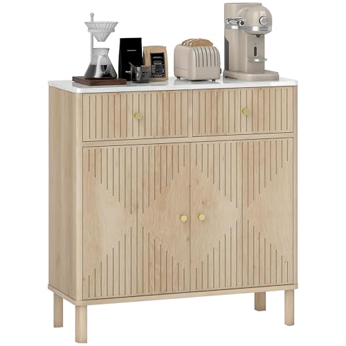 HOMCOM Credenza Cucina con 2 Cassetti Silenziosi e Piano d'Appoggio Effetto Marmo, Mobile Cucina con Armadietto e Ripiano Regolabile, Credenza Soggiorno per Salotto Sala da Pranzo, 77x30x80cm, Rovere