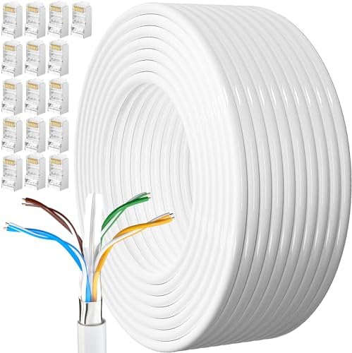 Kabel Ethernet 100m, Cat 6 Kabel sieciowy 100 metrów FTP Ethernet Cable 320ft Kabel Masowy Rj45 Gigabit Biały Pancerz LAN Cable Wysoka Prędkość 250MHz Kat.6 Kabel do Internetu dla Routera Modemu